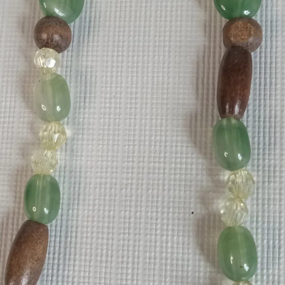 Green and Brown Plastic with Wood Beaded Long Adjustable Single Strand Necklace